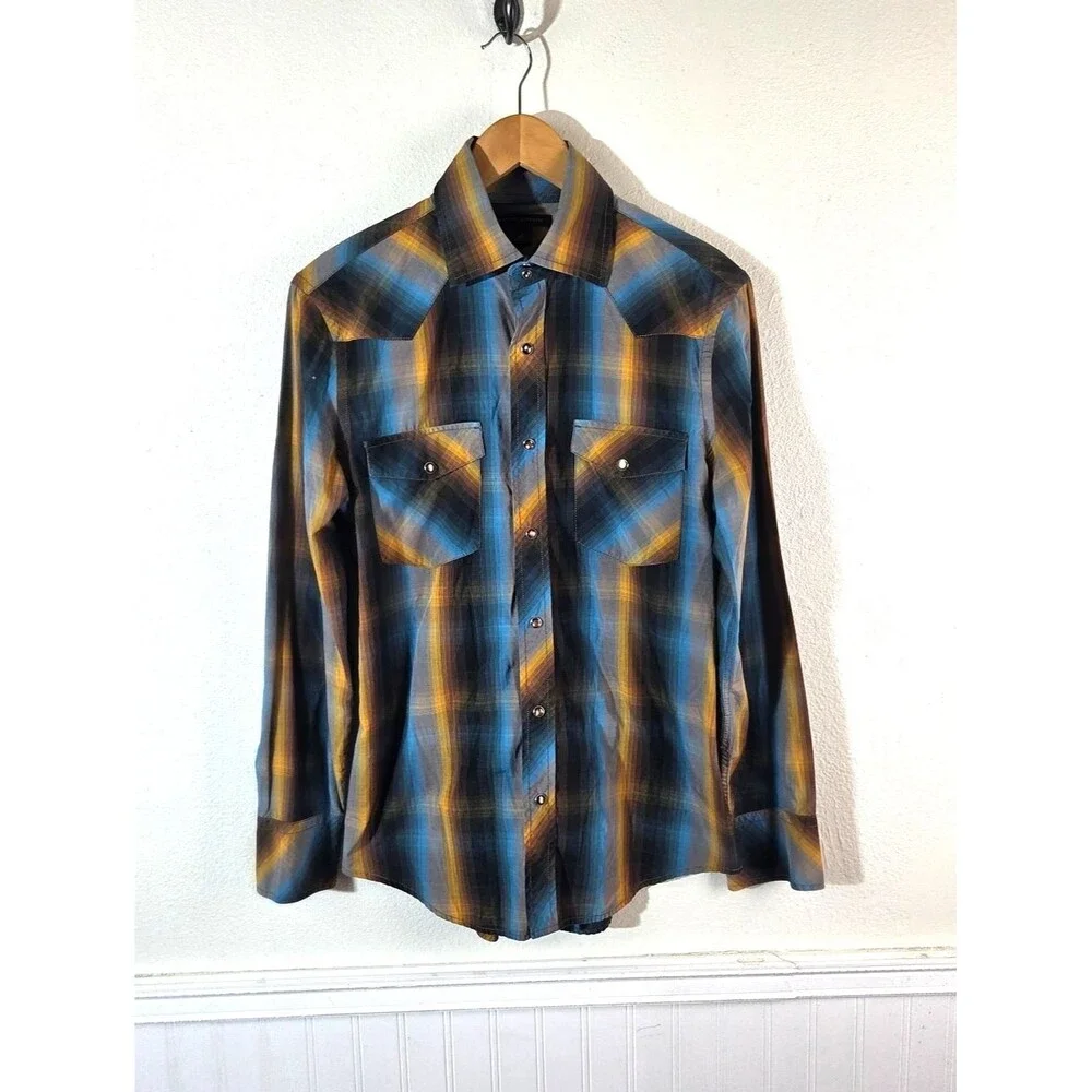 Banana Republic Pearl Snap Western Plaid Shirt Men’s Small Blue Yellow Long